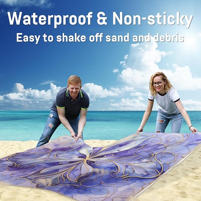 Waterproof Sandproof Beach Blanket 59''×68'' Floral Marbling Polyester Outdoor Picnic Blanket with 4 Stakes &amp Storage Bag for BeachCampingVacation Light Purple