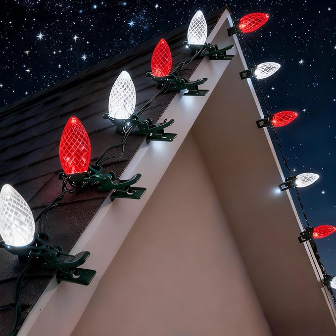 Dazzle Bright C9 Christmas String Lights 100 LED 66 FT Waterproof Connectable Fairy Lights with 100 Spring Clips Timer Christmas Decoration for Outdoor Roofline Home Garden Yard Tree (Red &amp Whit