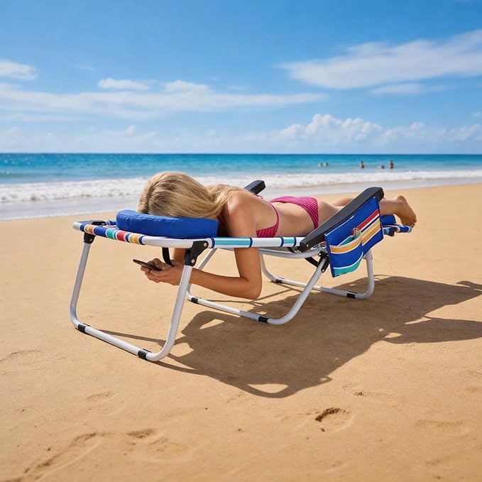 MOPHOTO 3 in 1 Beach Chairs Heavy Duty Beach Tanning Chair for Adults Lay Flat Recliner with 5-Position Adjustable Backrest Folding Outdoor Chair for Beach Pool Patio Camping