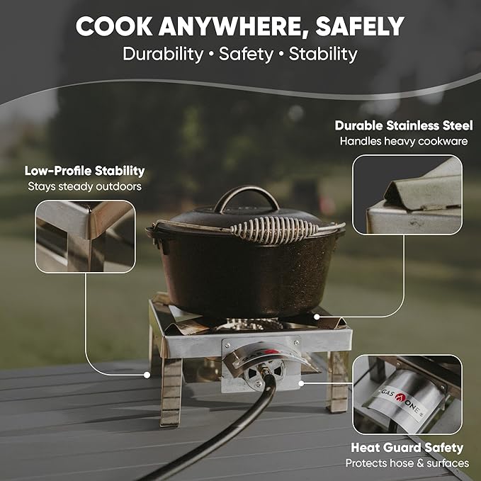 GasOne Stainless Steel Single Propane Burner - Outdoor Cooking with Heat Shield and Guard – Propane Burner Head for Camping Tailgating Seafood Boil Home Brewing - Patent Pending