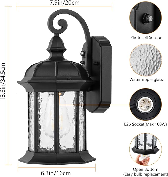 CINOTON Dusk to Dawn Outdoor Wall Lighting Outdoor Wall Lantern with Water Ripple Glass Waterproof Wall Sconce for Porch Front Door Patio or Garage (2 Pack)