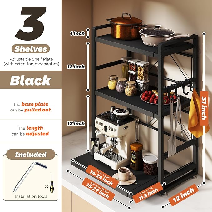 3-Tier Microwave Rack - Height Adjustable &amp Extendable Kitchen Shelf with Drawer - Carbon Steel - Includes Hooks &amp Reinforcement Suction Cups Baker's Rack (Black)