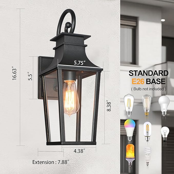 ALVIME Outdoor Sconce Lights 17 Inch Matte Black Outdoor Wall Lantern Waterproof Outside Light Fixtures for House Entryway Front Door Porch Patio Garage E26 Base&ampHigh Strength Clear Glass