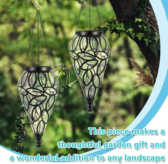 2 Set Solar Hanging Lantern Lights Outdoor Chandelier Moroccan Hanging Solar Light Tear-Shaped 15 LEDs Cool White with S Hooks for Summer Garden Yard Pathway Landscape Porch Decor(Transparent)