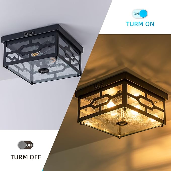Outdoor Ceiling Light with Motion Sensor Flush Mount Squares Porch Light 2-Light Dusk to Dawn Ceiling Lights Fixture with Clear Glass for Entryway Farmhouse Garage Front and Back Yards Black