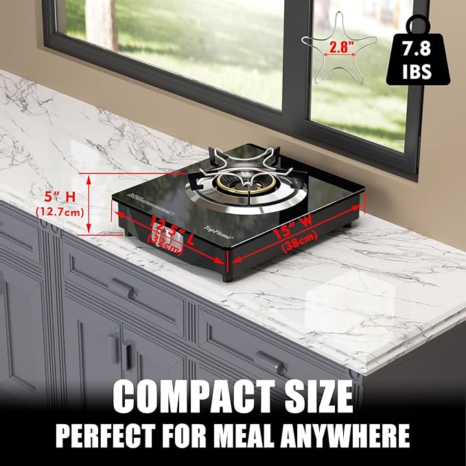1 Burner Propane Stove 13600 BTU High-Efficiency Tempered Glass Auto-Ignition Gas Burner Stove Top with CSA Hose for Outdoor RV Camping Emergency Cooking