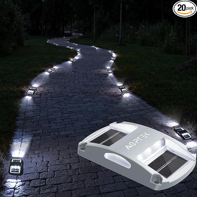AGPTEK Solar Driveway Lights 20 Pack Outdoor Deck Dock Marine LED Solar Powered Waterproof Driveway Marker Lights for Warning Step Sidewalk Pathway Garden Yard (White Light)