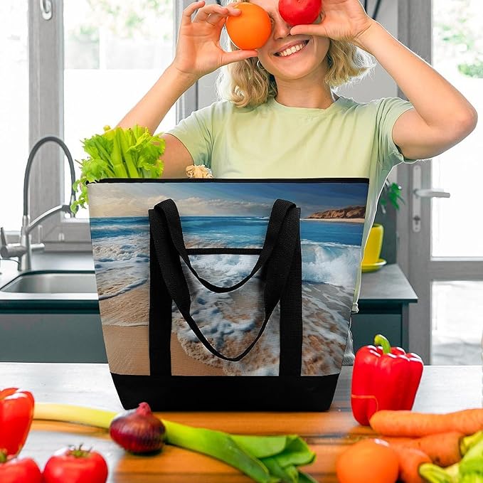 Insulated Shopping BagLarge Reusable Cooler Bags Blue Sea Sandy Beach Printed Foldable Shopping BagTravel Waterproof Shoulder Bag