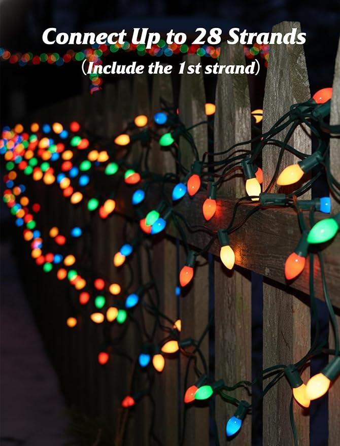 C7 LED Colored Christmas Lights Outdoor 25FT Vintage Colored Christmas Lights with 25 LED Ceramic Glass Multicolor Bulbs for Xmas Roofline Indoor Outdoor Garden Patio Yard Decoration Green Wire