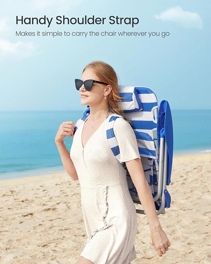 SONGMICS Portable Backpack Beach Chair 331 lb Capacity 4 Angles Adjustable Backrest 2 Side Pockets Towel Bar Blue and White UGCB62BU