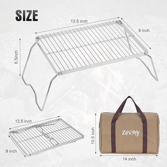 ZORMY 13 Folding Campfire Grill 304 Stainless Steel Firepit Grill Grate Heavy Duty Portable Camping Grill with Carrying Bag Gas BBQ Grill Grate for Backpacking Hiking Picnics (Medium)