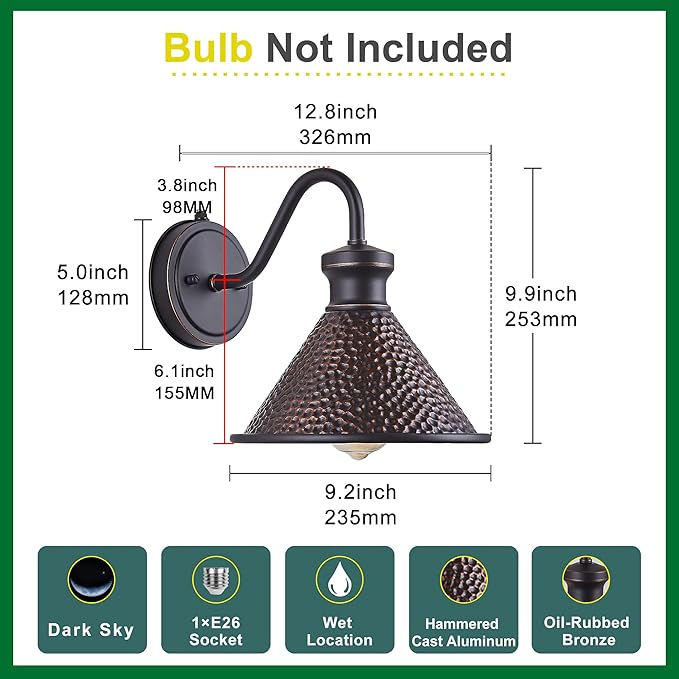 2 Pack Dusk to Dawn Outdoor Wall Light Fixtures Photocell Sensor Exterior Sconce Light with Cast Hammered Aluminum Shade Outside Wall Mount Lamp for House Patio Garage Entryway Doorway