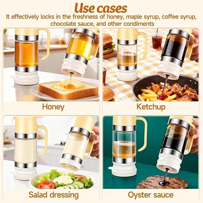 Mess Free Honey Dispenser 10oz Upgrade Syrup Pot Glass Honey Jar with Handle and Stand Leak-Proof Maple Syrup Container Oil &amp Condiment Pump For Coffee Pancakes Waffles (1PCS)