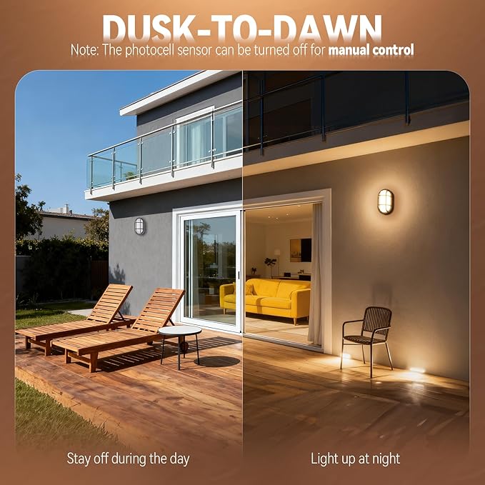 LEONLITE Dusk to Dawn 10 Integrated LED Bulkhead Light 3CCT 20W/16W/12W Nautical Outdoor Lighting Auto on/Off Photocell Oval Bulkhead Wall Light 120–277V IP65 UL Listed Aluminum