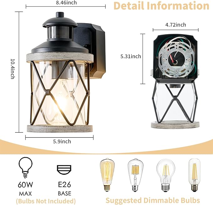 Dusk to Dawn Motion Sensor Outdoor Porch Light with GFCI Outlet3 Lighting Modes Anti-Rust Waterproof Industrial Outdoor LanternExterior Work lights Rustic Wood-Like Finish Wall Light (White 2 Pack)
