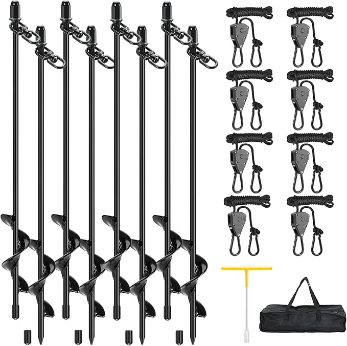 8 Pack Screw-in Tent Stakes 17.7 Heavy Duty Spiral Ground Anchors (8mm Solid Steel 1.5 Helix) w/ 8×8ft Ratchet Guy Lines M12 Wrench &amp Bag for Camping Tents Canopies Tarps Beach Sand