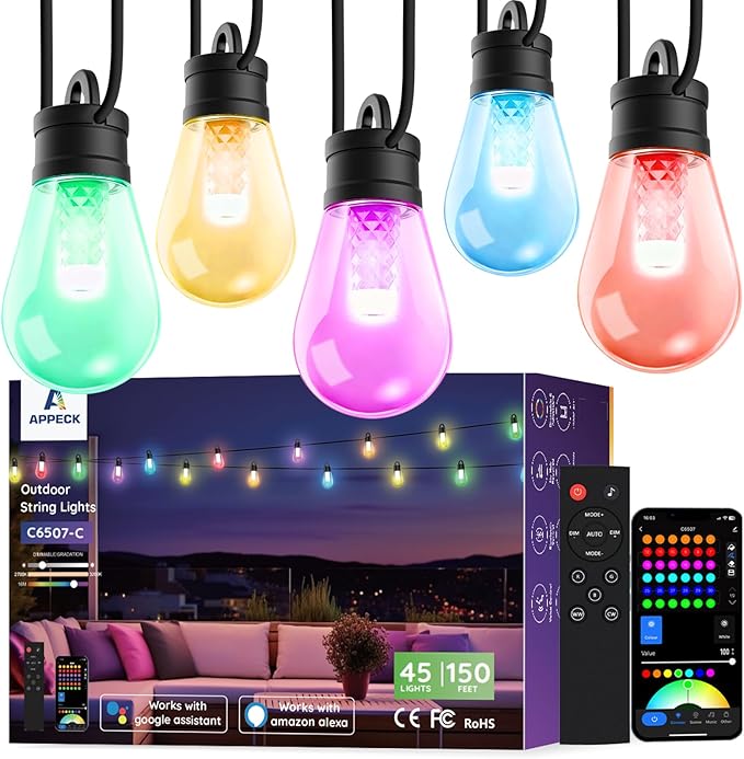 APPECK Outdoor String Lights 150ft Smart RGBW Outdoor Patio Lights with 45 LED Bulbs Extendable 111 Scene Modes IP65 Waterproof Lighting for Outside Dimmable Warm White Compatible with Alexa