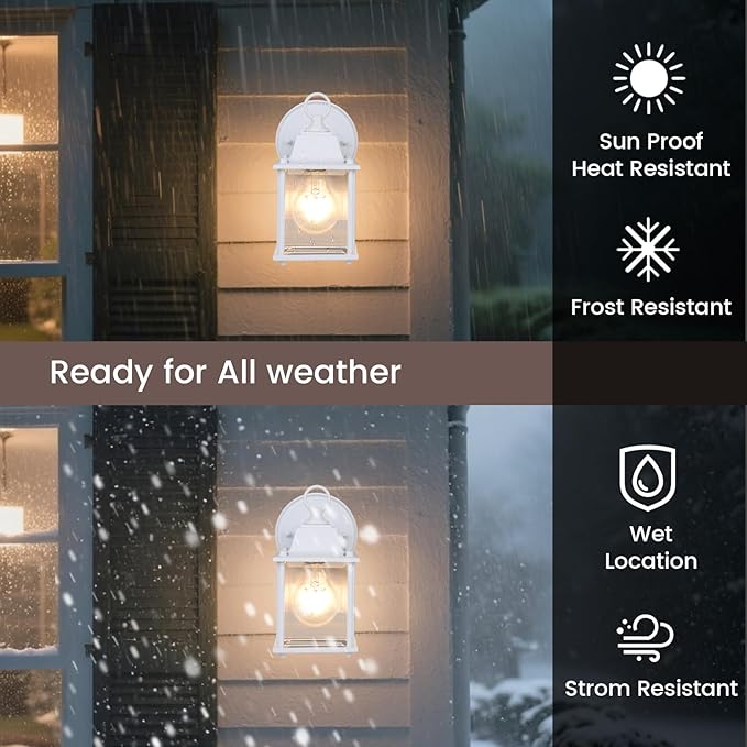 Classic White Aluminum Wall Lamp – Wet Location Outdoor Fixture Die-Cast Aluminum &amp Tempered Glass E26 Base (60W Max) for Porch Garage Garden (Single Pack