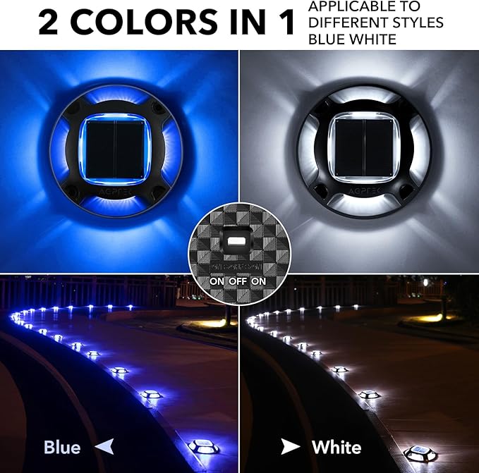AGPTEK Solar Driveway Lights Outdoor 4 Pack 2 Color Modes LED Deck Dock Marine Waterproof Security Marker Lights for Step Sidewalk Stair Garden Pathway Walkway Yard(Blue Light/Cool White Black)
