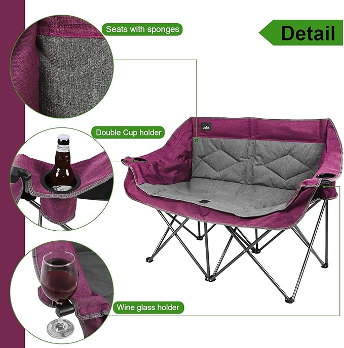 Northroad Folding Loveseat Camping Chair Portable Double Duo Full Padded Garden Sofa Chair for 2 Person w/ 2 Cup HolderWine Glass HolderSupport 600lbs for Outdoor Travel (Purple)