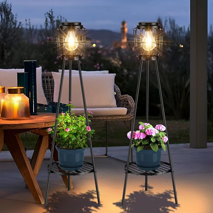 2 Pack Solar Lights with Plant Stand Outdoor Floor Lamp Waterproof Solar LED Edison Bulb Floor Lamps for Patio Porch Deck Yard Garden Decor
