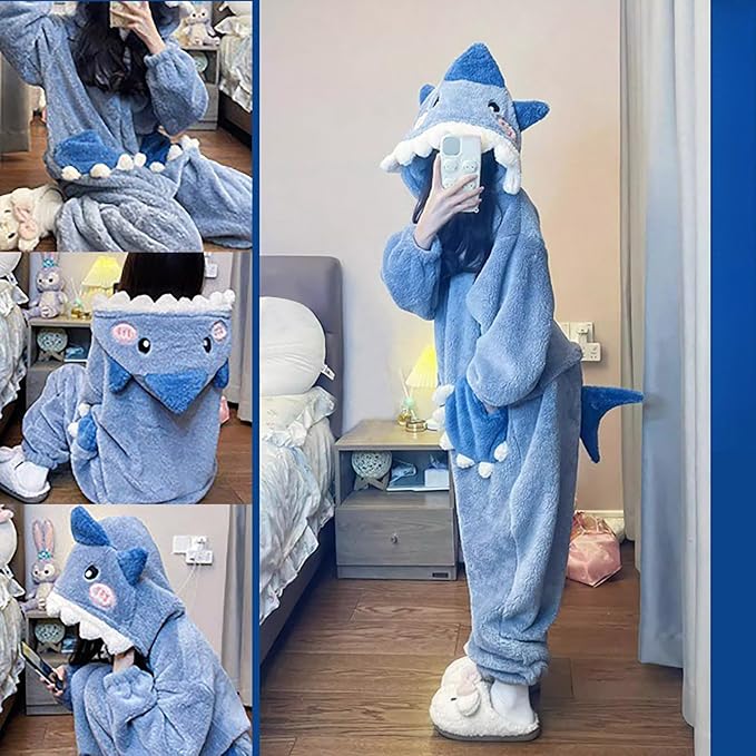 Warm one-piece blanket pajamas in autumn and winter cute shark capybara robe hooded coral velvet padded velvet home clothes.