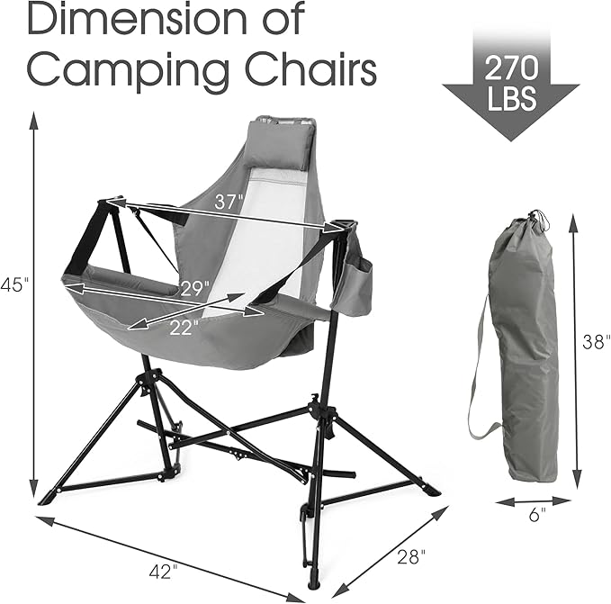 HOMEFUN Hammock Camping Chairs Set of 2- Portable Swinging Chair for Adults with Stand and Storage Bag Oversized Folding Rocking for Lawn Camp Fishing Hiking Gray