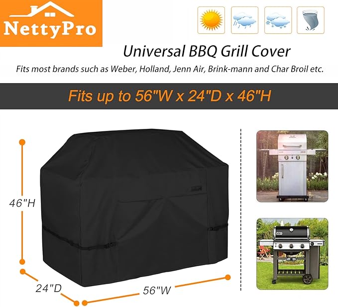 NettyPro Grill Cover Heavy Duty Waterproof 56 inch Outdoor 2-3 Burners Gas BBQ Cover for Outside Weber Char-Broil Brinkmann Nexgrill Barbecue Black