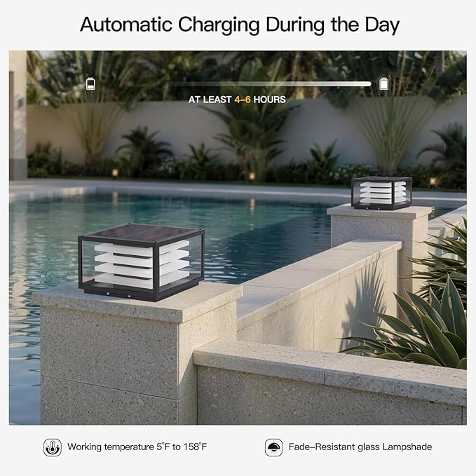 11.8'' Solar Post Lights Outdoor Glass Solar Pillar Lights Outdoor IP54 Waterproof Square Large Column Light Dusk to Dawn 3000K LED Column Lamp Modern Pillar Light Fixture for Entrance Posts