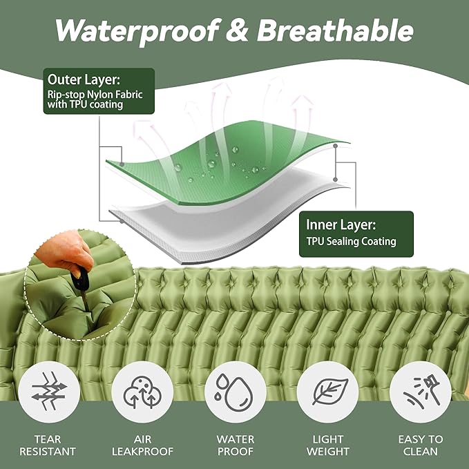 Double Sleeping Pad for Camping - Ultralight Camping Mattress with Pillow Built-in Foot Pump Compact Inflatable 2-Person Portable Mat for Backpacking Hiking Car Traveling Beach Tent