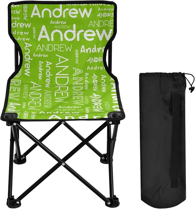 Sinestour Light Green Custom Folding Camping Chair for Teen Child Personalized Name 14.6×14.6in Portable Outdoor Chair with Carry Bag for Travel Hiking Lawn