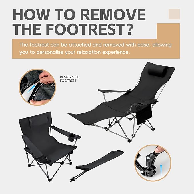 Reclining Camping Chair with Removable Footrest Adjustable Camping Lounge Beach Chair with Padded Headrest Cup Holder &amp Carry Bag Camp Chair with Foot Rest Lawn Chairs for Camp FishingOffice