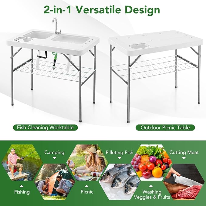 GYMAX Fish Cleaning Table with 2 Sinks Folding Fish Fillet Cleaning Station with Faucet Drainage Hoses &amp Sprayer Portable Camping Table with Storage for Fishing Picnic