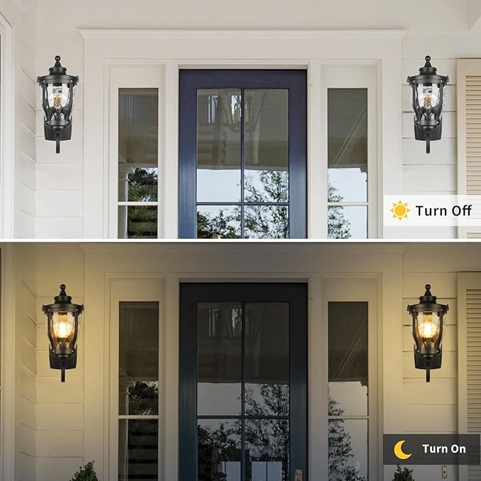 JYZ 15 Outdoor Wall Light Lantern Anti-Rust Exterior Wall Sconce with Hammered Water Ripple Glass Waterproof Matte Black Outside Lighting Fixture for Front Door Porch Garage