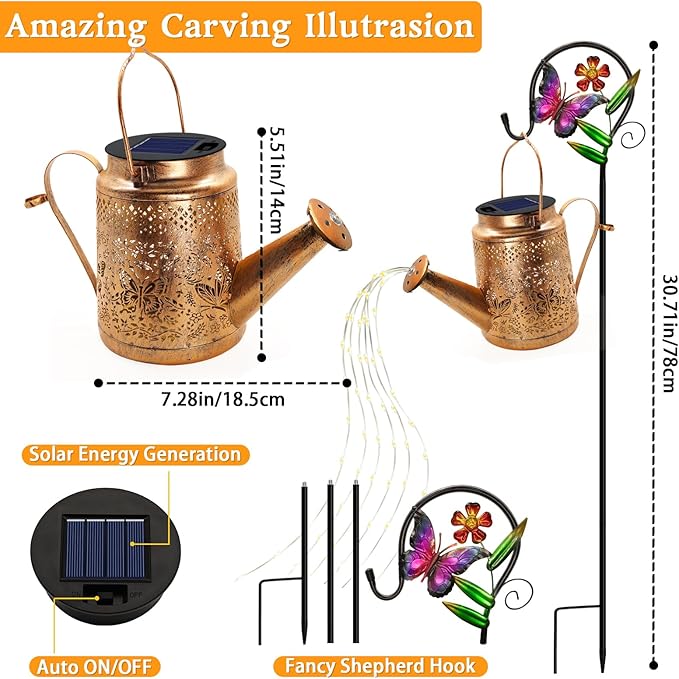 Solar Watering Can Lights Butterfly Hanging Lantern Solar Lights Outdoor Waterproof Garden Decor Outside Patio Yard Pathway Backyard Gardening Gifts for Mom Grandma Women Birthday Mother's Day