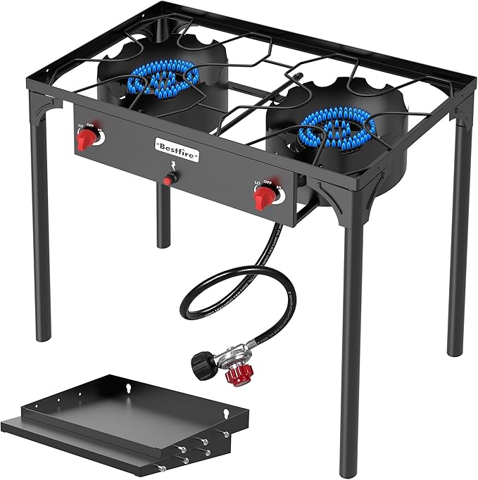 BESTFIRE 2 Burner Camping Stove150000 BTU High Pressure Outdoor Propane4ft 20 PSI Adjustable Regulator Hose With Removable Legs for Backyard Cooking Camping Home