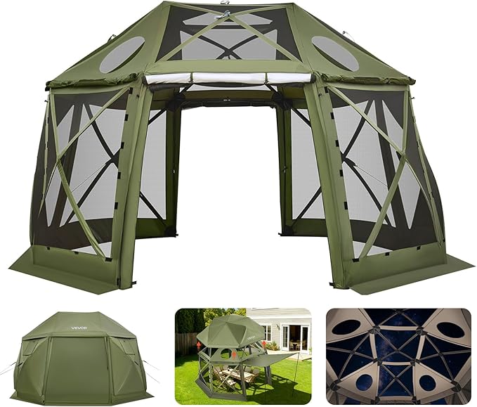 VEVOR Pop up Gazebo Screen Tent 13 x 13 ft 13-Sided Spherical Camping Canopy Tent with Removable Top &amp Carry Bag Quick-Set &amp Bite-Proof Screen House Sun Shelter for 10-12 Persons Green
