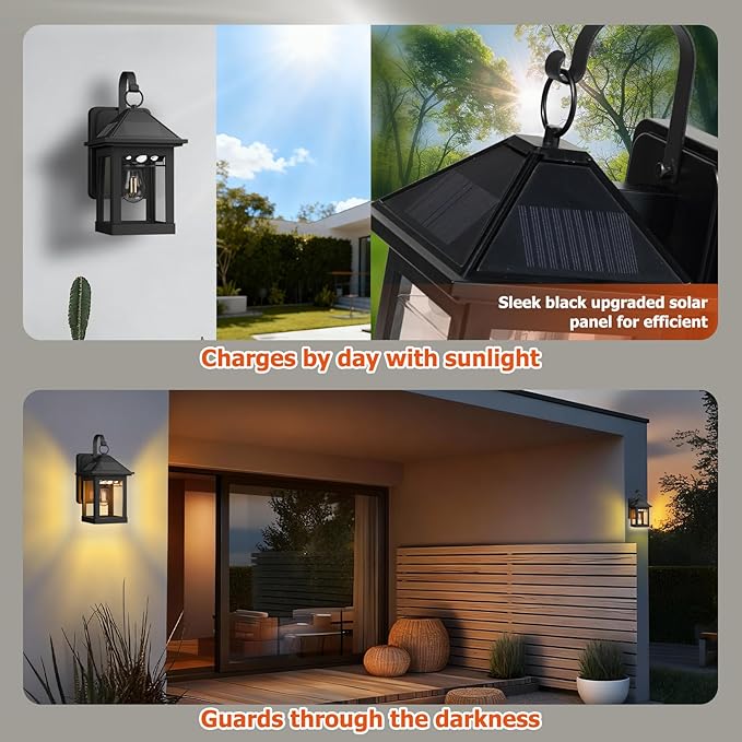 Solar Wall Lanterns Outdoor 2 Pack with E26 Bulb Dusk to Dawn Motion Sensor 3 Modes Waterproof Porch Wall Lights for Patio Fence Garage Front DoorEntryway