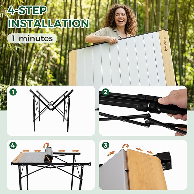 KingCamp Folding Camping Table Aluminum Roll-Up Camp Table Large Foldable Table for 4-6 Person Outdoor Portable Tables with Carry Bag 176 LBS Heavy Duty Load (Bamboo：40.16“x27.5”4-6 People)