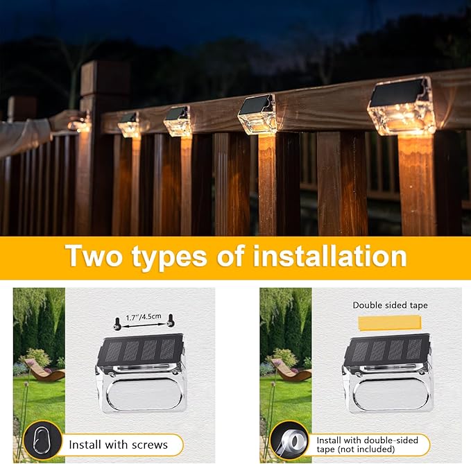 Solar Outdoor Lights 8 Pack Solar Fence Deck Lights Waterproof Outside Lighting for Step Railing Wall Pool Stair Yard Garden Patio Pool Decorations (Warm White)