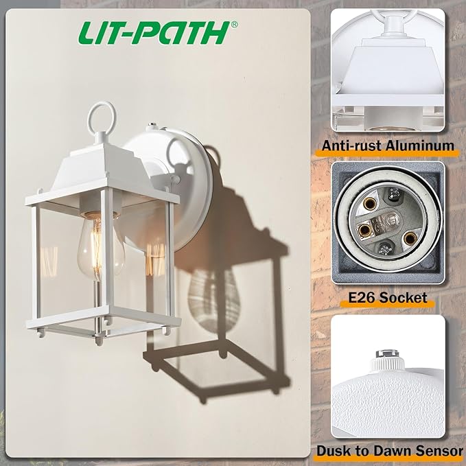 LIT-PaTH Dusk to Dawn Outdoor Wall Lantern Wall Sconce Waterproof Porch Lighting Fixture E26 Base Aluminum Housing with Glass Shade 1-Pack White