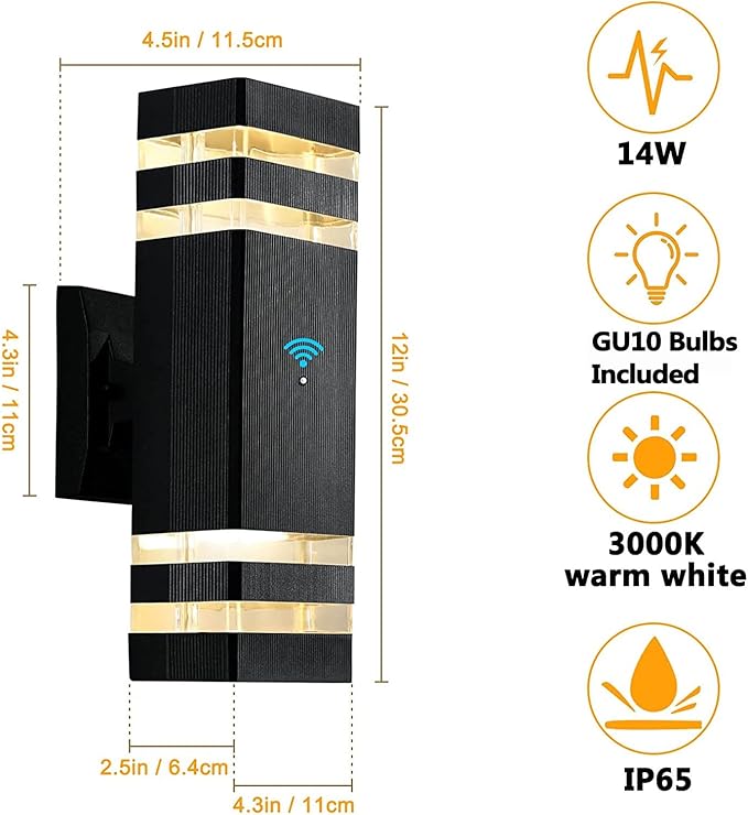 tewei Dusk to Dawn Outdoor Wall Lights Fixture Up and Down Porch Lights Outdoor Wall Black Modern Exterior Lights IP65 Warm White 3000K Waterproof LED Wall Sconce for House Garage 2 Pack