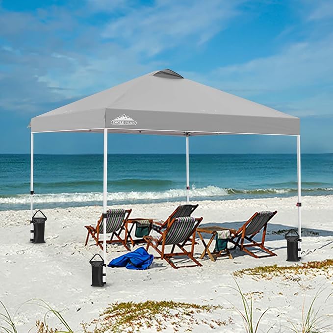 EAGLE PEAK Pop Up Canopy Tent with Wheeled Carry Bag 8 Stakes 4 Ropes 4 Weight Bags Easy Set Up Tent Canopy 10x10 ft 100sqft of Shade Light Gray