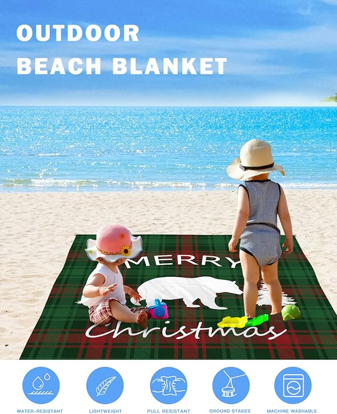 Beach Blanket Waterproof Sandproof Christmas Animal Polar Bear Tree White Shadow Quick Drying Beach Mat with 4 Stakes Green Red Buffalo Gingham Lightweight Picnic Blanket for Travel Camping 83x79