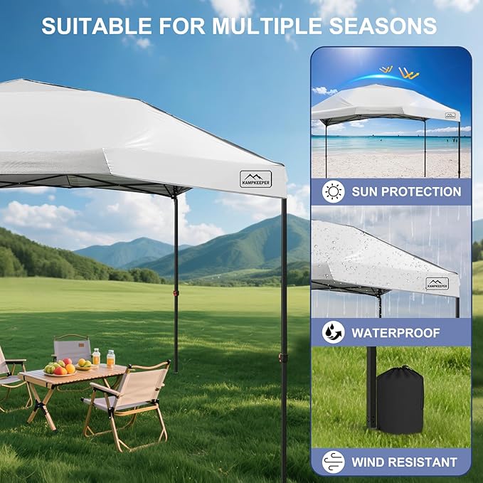 KAMPKEEPER 12x12 Pop Up Canopy TentHeavy Duty Outdoor Sun Shade for EventsCampingParties - Polygonal Patio Gazebo with Wheeled Bag4 sandbags(White)