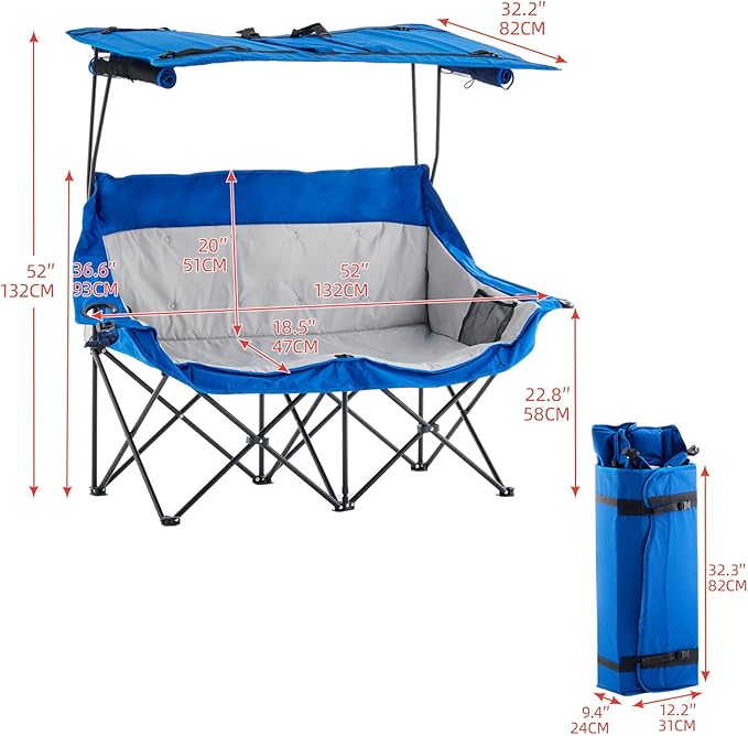 Outdoor Folding Chair with Umbrella Camping Chairs Loveseat Double Oversized Outdoor Chair with Cup Holder&ampCanopy Shade for BBQ Beach Fishing Easy Fold and Carry (Blue+Grey)