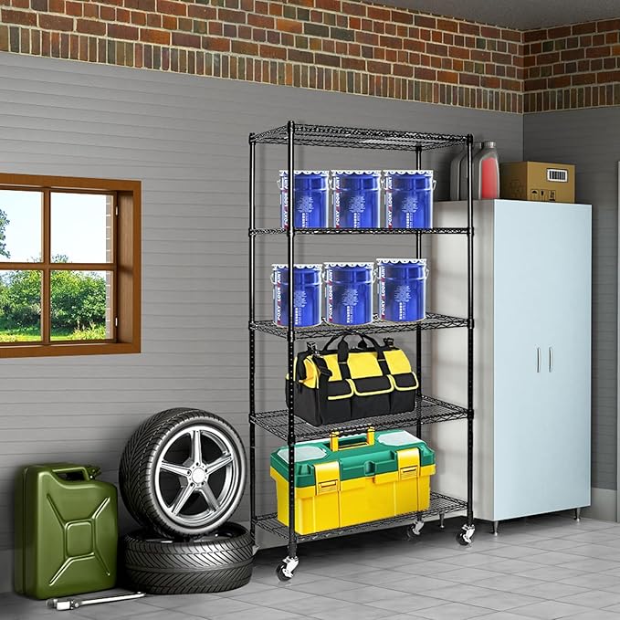 5-Tier Commercial Shelving Unit 800 lb Capacity Steel Wire Shelves with Locking Wheels Adjustable Heavy-Duty Utility Rack for Kitchen Pantry Garage – Black