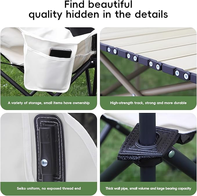 Portable Outdoor Camping Set Square End Table with 4 Moon Chairs for Patio Garden Living Room Indoor Outdoor Use (White 47 inches)