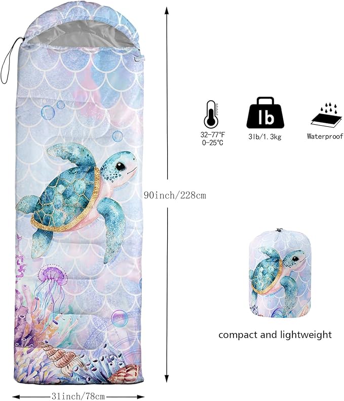 Sea Turtle Sleeping Bag for Kids Boys GirlsOcean Themed Camping GearWaterproof Compact Sleeping Bag for Camping Backpacking Outdoor Hiking.