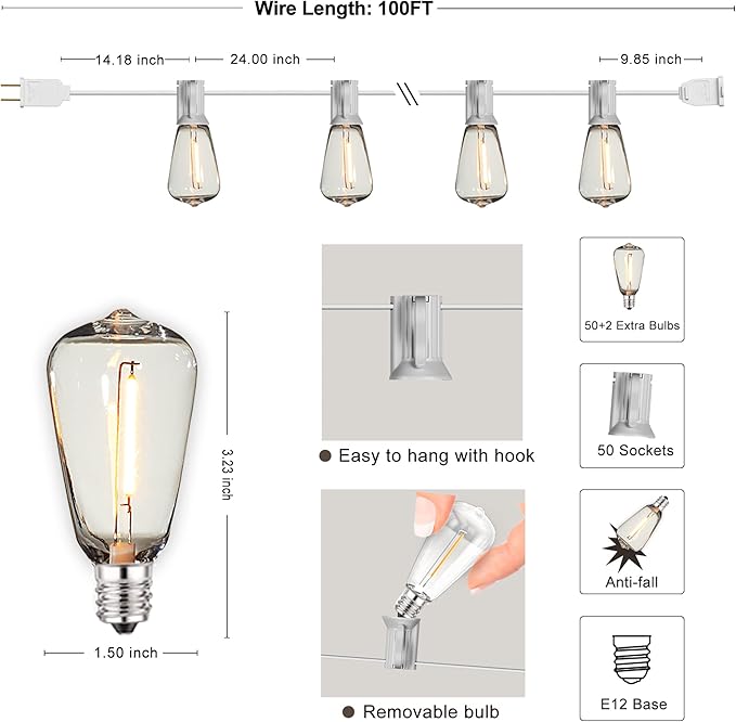 DAMAING LED Outdoor String Lights 100FT Patio Lights with 52 Shatterproof Edison BulbsDimmable Hanging LightsWaterproof String Lights for Outside WeddingBistroPorchBackyard2200K